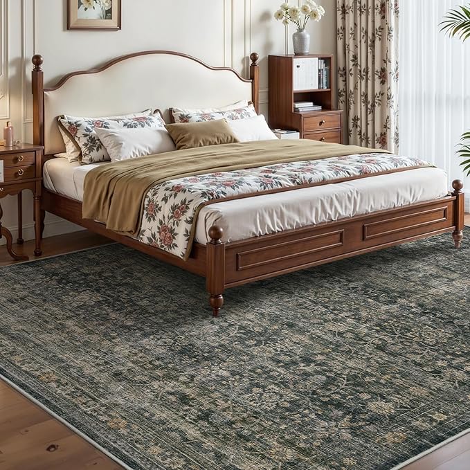 MontVoo-Vintage Area Rugs 8X10 Green Rugs for Living Room-Soft Distressed Printed Rugs for Bedroom-Non Slip Carpet-Machine Washable Rug for Dining Room Living Room Bedside Office