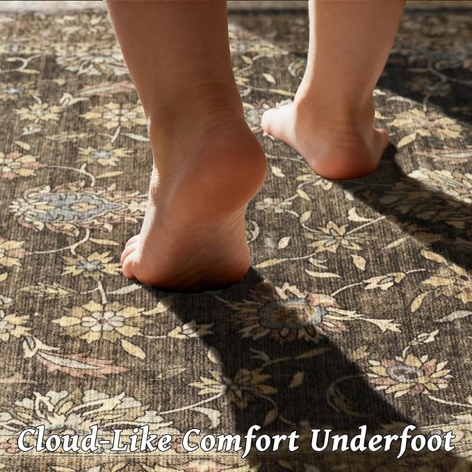 Washable 2x3 Entryway Rug, Boho Non-Slip Door Mat Vintage Distress Small Rugs for Kitchen Nursery Office Bedroom, 0.3" Neutral Oriental Throw Carpet with Cushioning Pad, Tan/Flaxen/Multi