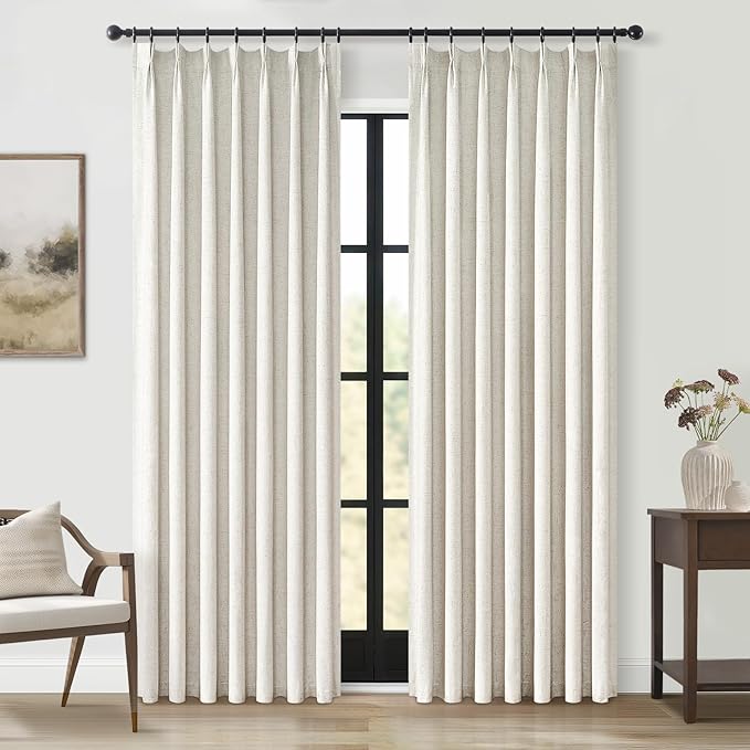 Topfinel 90 Inches Long Full Blackout Linen Curtains for Bedroom, Pinch Pleated Sound Block Curtains, Oatmeal Decorative Elegant Farmhouse Lined Drapes 2 Panels Set for Living Room Sliding Door