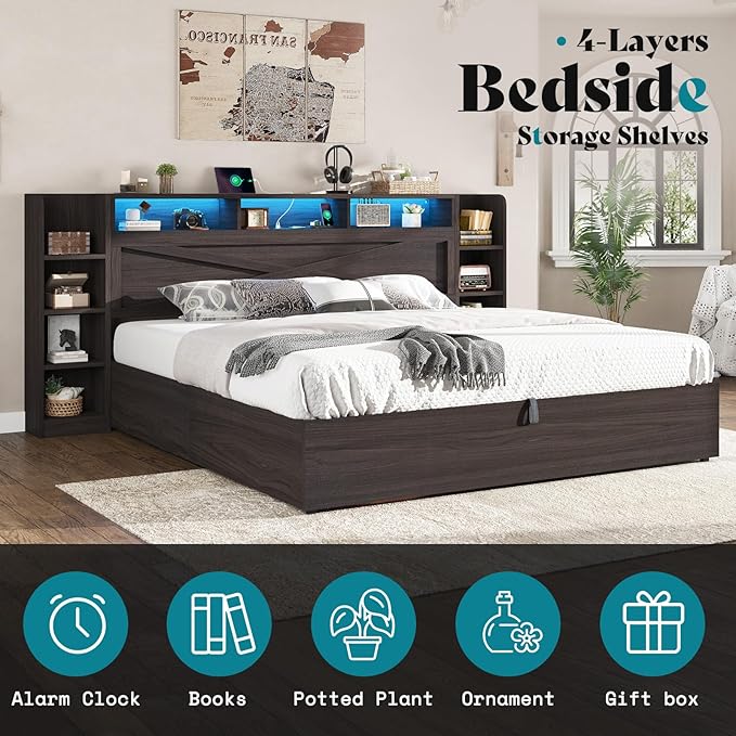 AMERLIFE Full Size Lift Up Storage Bed Frame, 45.1" LED Bed Frame with 2 Side Shelf & Bookcase Headboard, Farmhouse Wood Platform Bed with Charging Station, No Box Spring Needed, Black