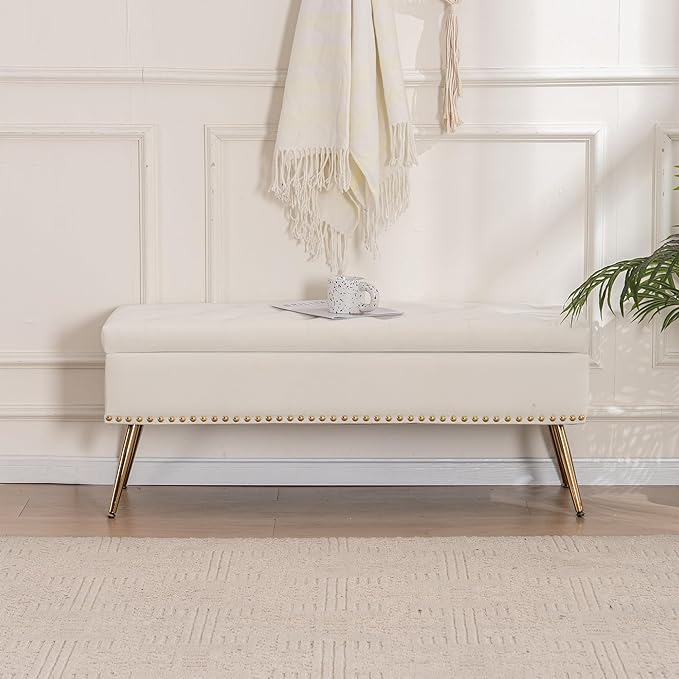 Velvet Storage Bench with Gold Legs& Nailhead Trim, 46" Wide Upholstered Modern Bedroom Bench for End of Bed, Tufted Ottoman for Entryway Living Room Dining Room (Ivory White, 46" Wide)
