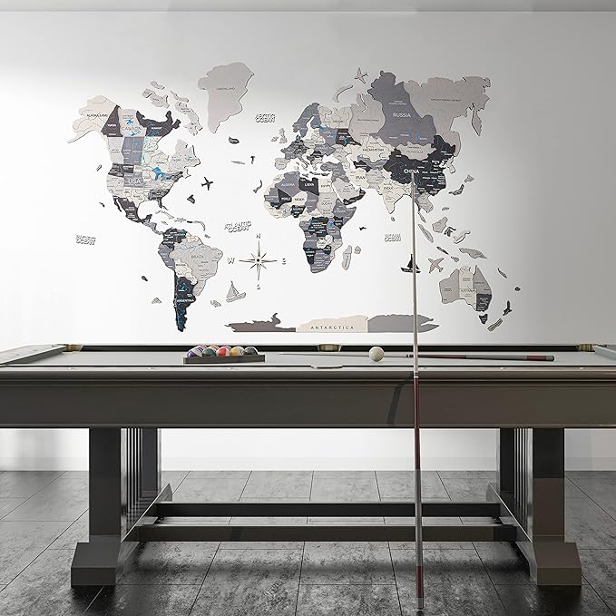 Handmade 3D Wood World Map Wall Art Large Wall Decor Track Your World Travels - Special for Home, Kitchen and Office (Large, Nordik)