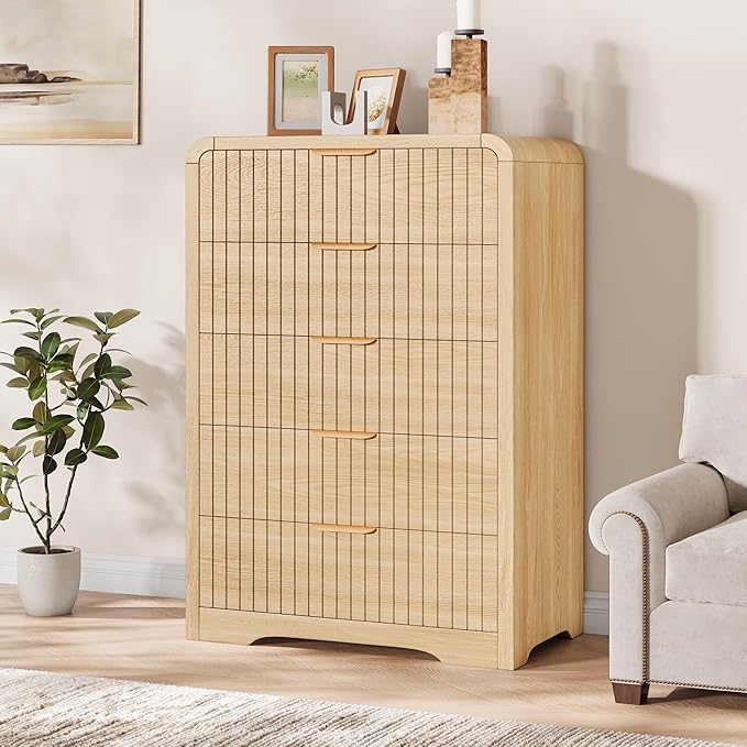 Fluted 5 Drawer Dresser, 43" Tall Dressers & Chests of Drawers Curved Profile Design, Wood Mid Century Vertical Dresser Natural Texture for Bedroom, Natural Oak Dresser