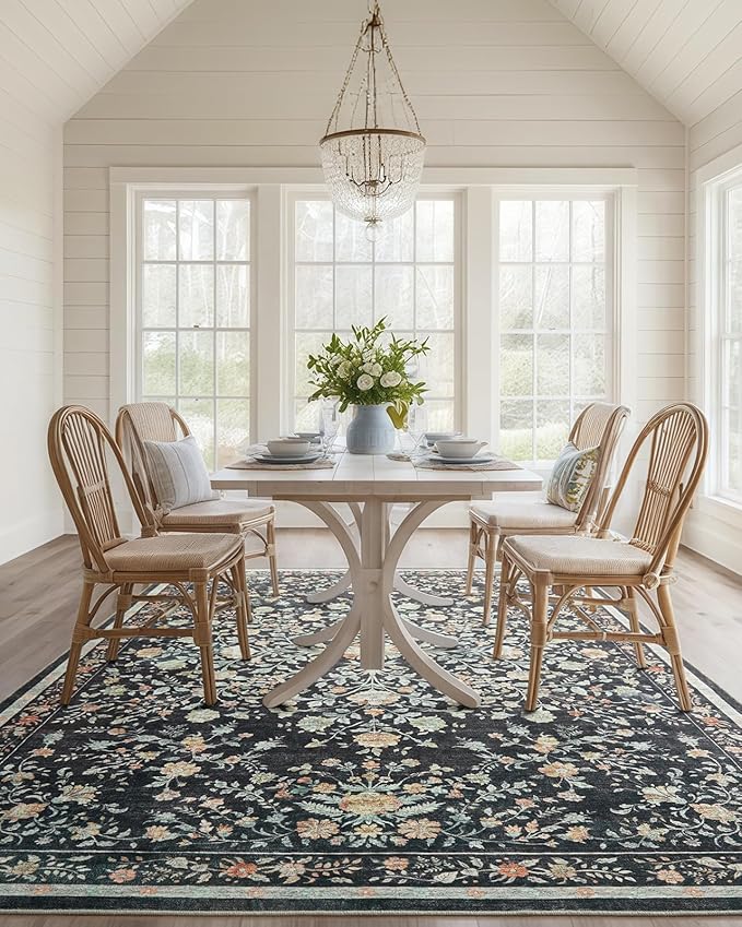 AMADA HOMEFURNISHING 6x9 Area Rugs, Washable Low-Profile Large Living Room Rug with Non-Slip Backing & Durable Edge Binding, Soft Vintage Rug for Bedroom, Dinning Room, Home Office