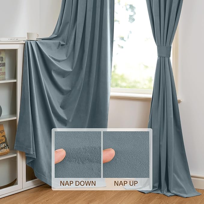 StangH Stone Blue Velvet Curtains - Thermal Insulated Blue Home Decoration Kids Room Privacy Protect Noise Reducing Window Curtain Panels for Bathroom/Bay Window, W52 x L63, 2 Panels
