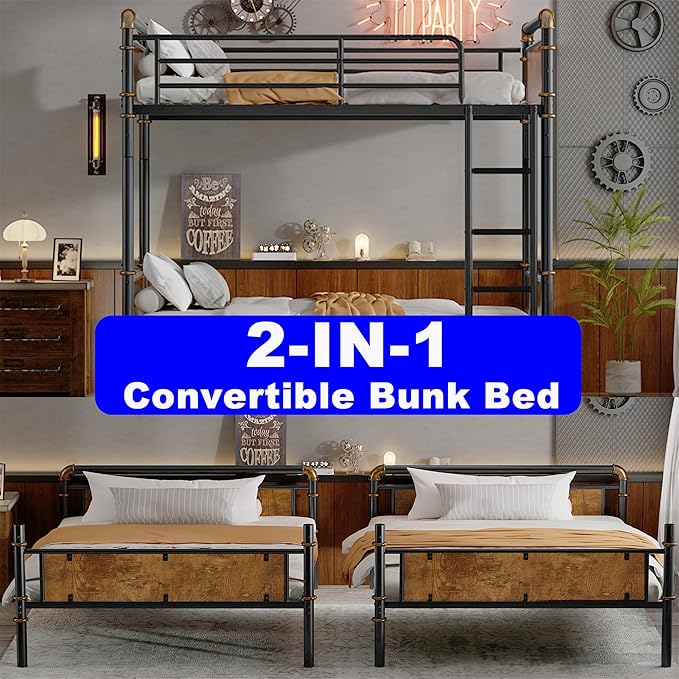 Upgraded Version Thickened Metal Heavy-Duty Twin XL Over Twin XL Bunk Bed, Best Convertible Industrial Twin XL Bunk Bed Frame with Ladder for Adults, Easy Assembly (Twin XL Over Twin XL)