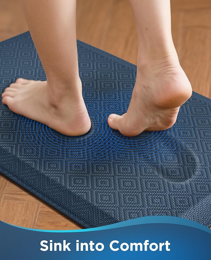 Ophanie Kitchen Mats for Floor, 3/4 inch Thick, 17x28 Anti Fatigue Cushioned Mat, Kitchen Rugs, Waterproof, Comfort Ergonomic Standing Mat for Office, Home, Sink, Blue Non-Slip Ridged Bottom