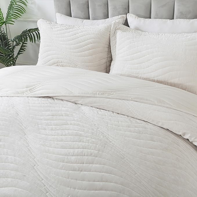 HoneiLife King Quilt Bedding Set - Velvet Quilt Sets 3-Pieces, Lightweight Bedspreads Solid Coverlets Retro Bed Cover Quilt King Size All Season Quilts, Nature White