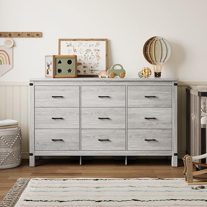 LINSY HOME Dresser for Bedroom with 9 Drawers, 59” Wide Chest with Deep Drawer, Modern Farmhouse Dresser TV Stand with Metal Handles, Wood Storage Cabinet for Closet, Living Room, Hallway, Wash Grey