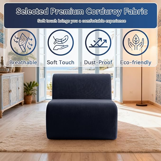 26" Single Sofa, 1 Seater Armless Corduroy Couch, No Assembly Modern Boneless Couch Compression Sofa in Box, Floor Sofa with Ergonomic Design for Living Room, Dark Blue