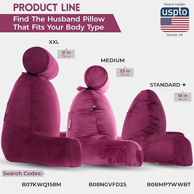 Husband Pillow Medium - Reading Bed Pillow with Arms - Premium Shredded Memory Foam Bed Pillow for Sitting Up - Aspen Edition Sldig Raspberry - Reversible 2 Sided Cover with Plush Microfiber and Suede