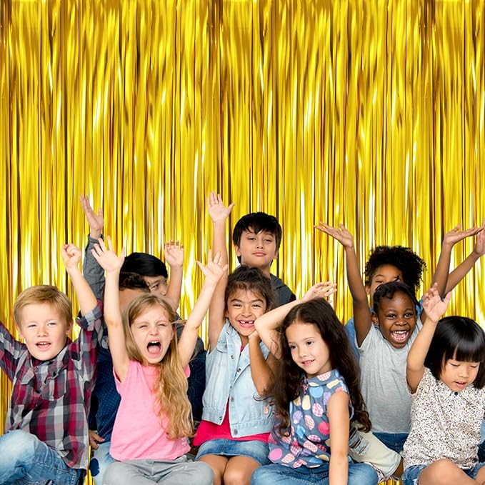 GOER 3.2 ft x 9.8 ft Metallic Tinsel Foil Fringe Curtains Party Photo Backdrop Party Streamers for Birthday,Graduation,New Year Eve Decorations Wedding Decor (4 Pcs,Matte Gold,Thick Material)