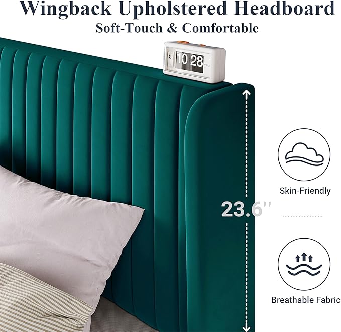 Allewie King Size Bed Frame/Velvet Upholstered Platform Bed/Vertical Channel Tufted Wingback Headboard/Strong Wooden Slats/No Box Spring Needed/Easy Assembly/Teal