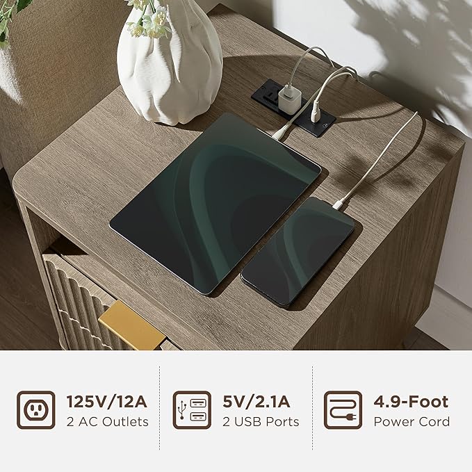 T4TREAM Fluted Nightstand with Charging Station, 18" Modern Side Table with 2 Drawers, End Table w/Storage, Bedside for Bedroom, Living Room, Curved Profile Design, Grey Alder