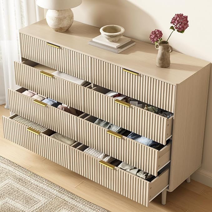 CARPETNAL Fluted 8 Drawer Dresser for Bedroom, 55" Wide Wooden Chest of Drawers with Rounded Corners, Gold Handles, Modern Storage Organizer for Bedroom, Hallway(Beige)