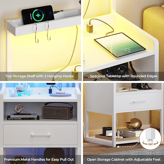 VIAGDO Nightstand with Charging Station and LED Lights, White Night Stand with Drawer, Modern End Side Table with Open Storage Shelves, Bedside Tables for Bedroom, Office