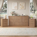 Fluted Dresser & 3 Drawer Nightstand Set 3-Piece, 63” Long 9 Drawer Dresser and Night Stand Set of 2, Fluted Modern Wood Chest of Drawers Storage Dressers Set for Bedroom, Natural Wood
