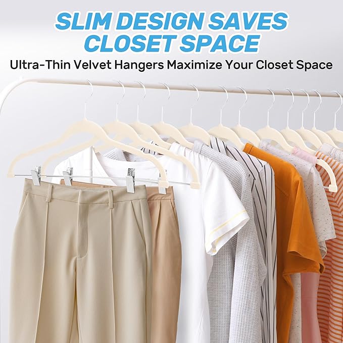 Velvet Pants Hangers 20 Pack with Adjustable Clips, Space-Saving Slim Felt Clothes Hangers, Heavy Duty & Non-Slip Flocked Hangers for Pants, Skirts, Dresses and Jeans(Beige)