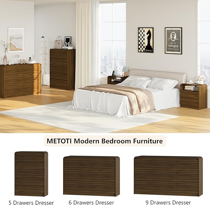 24" Wide Modern Fluted Nightstand with Charging Station Set of 2, Wood Bedside Table with Drawers, Mid Century End Table Nigthstand with Curved Profile Design for Bedroom, Living Room, Walnut