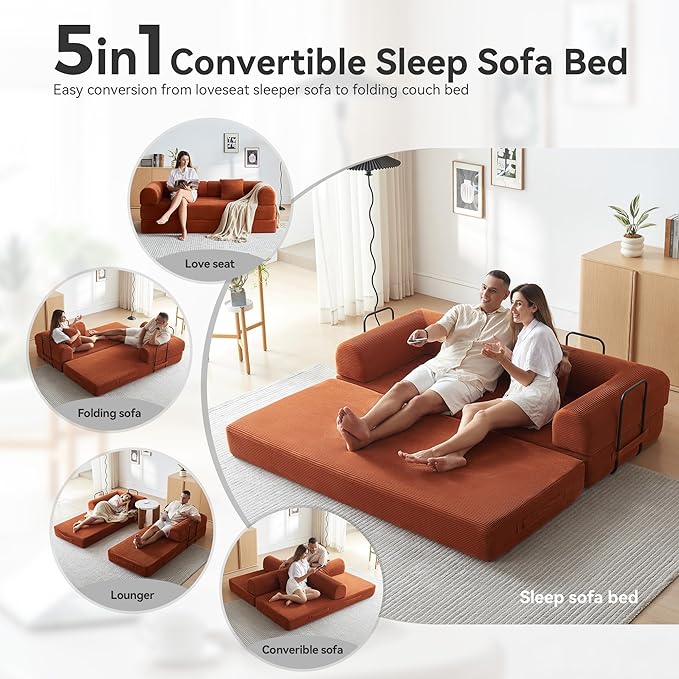 Convertible Sleeper Sofa with 2 Pillow, Modern Corduroy Futon Bed, Modular Sofa with Pull-Out Bed, Love Seat Sleeper for Living Room, Small Space Apartment, Office