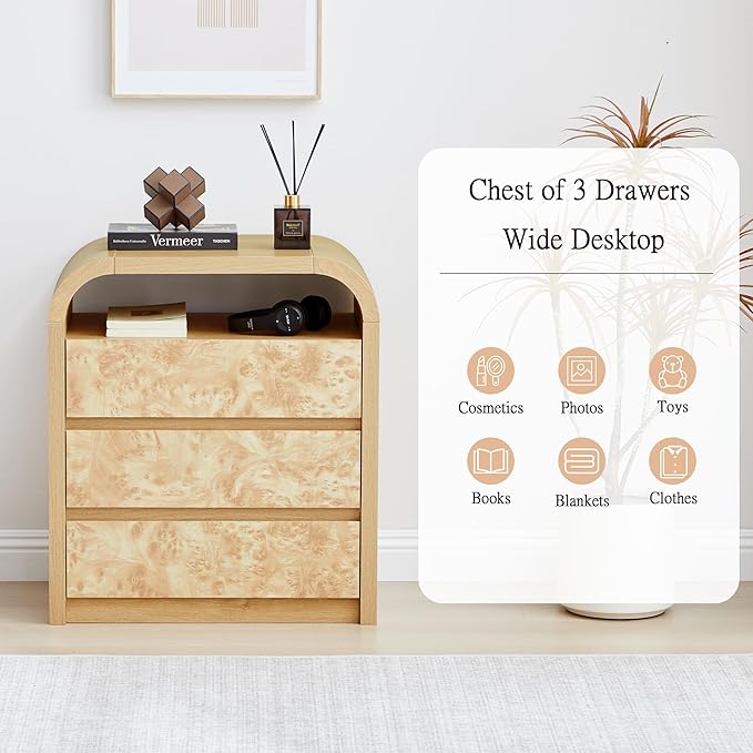 3 Drawer Dresser for Bedroom, Modern Chest of Drawers with Open Shelf, Burl Wood Tall Nightstand End Table for Living Room, Hallway (Natural)