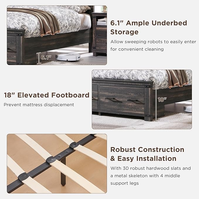 T4TREAM Farmhouse King Size Bed Frame with 54" Tall Geometric Headboard & 2 Large Storage Drawers, Rustic Wood Platform Bed with Wood Slats Support, No Box Spring Needed, Dark Rustic Oak