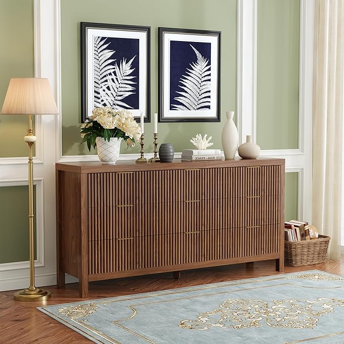 Modern 9 Drawer Dresser, Mid-Century Storage Chest with Solid Wood Legs, Large Organizer Cabinet & TV Stand for Bedroom, Living Room, or Hallway, Walnut Oak