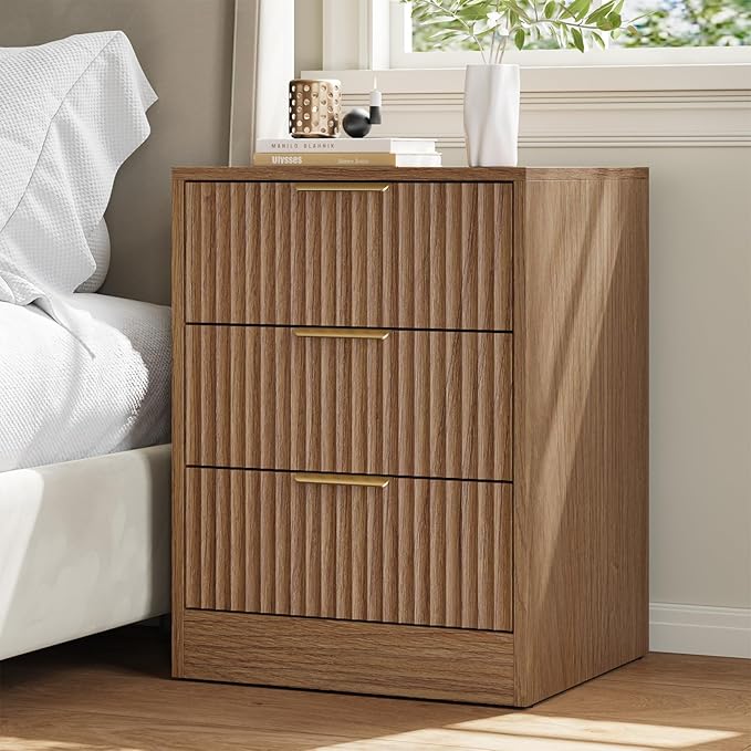 8 Drawer Dresser & 3 Drawer Nightstand Set 3-Piece, Tall Fluted Dresser and Night Stand Set of 2 w/Metal Handle, Modern Wood Chest of Drawers Storage Dressers Set for Bedroom, Natural Wood