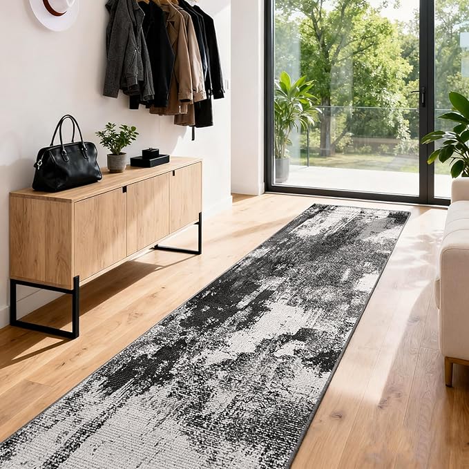 3x12 Long Hallway Runner Rug: Kitchen Rugs Non Slip Washable Low Pile Abstract Rug Runner with Rubber Backing Indoor Stain Resistant Carpet Runners for Bedroom Dining Living Room Black White