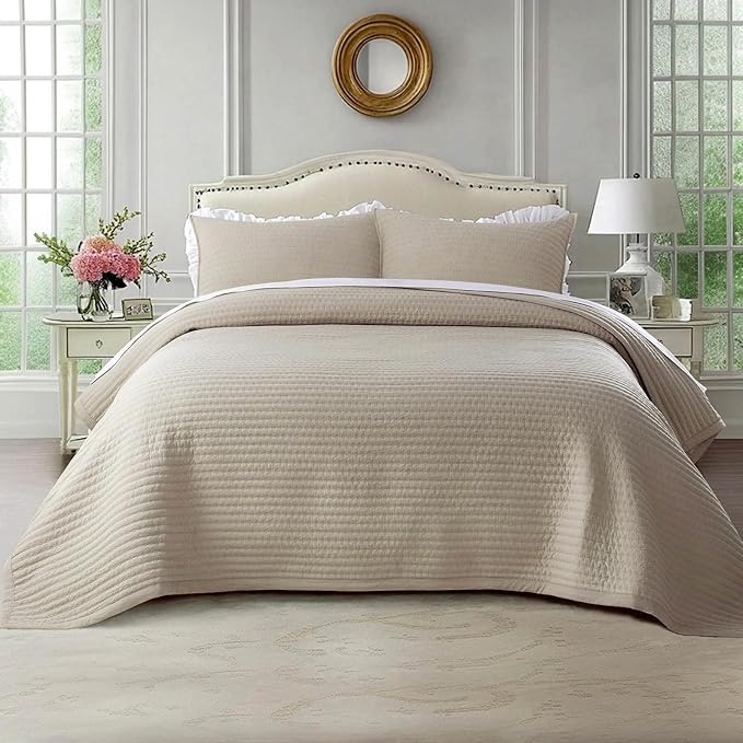 KASENTEX King XL Quilt Set 108"x98" – Soft Washed 3-Layer Lightweight Bedspread, Minimalist Nordic Design, All-Season Spring & Summer Quilt Set (1 Quilt + 2 Pillow Shams),Light Taupe