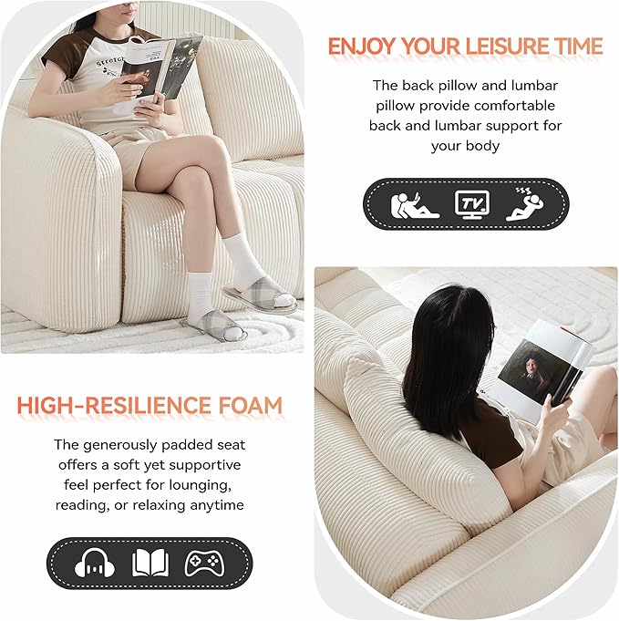 66'' Boneless Loveseat Sofa, 2 Seater Deep Seat Couch with Rounded Armrest, Upholstered Cloud Couch for Living Room, Bedroom, No Assembly, Corduroy White