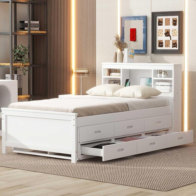 Platform Bed with Storage Headboard, USB, Twin Size Trundle and 3 Drawers, Twin Size, White