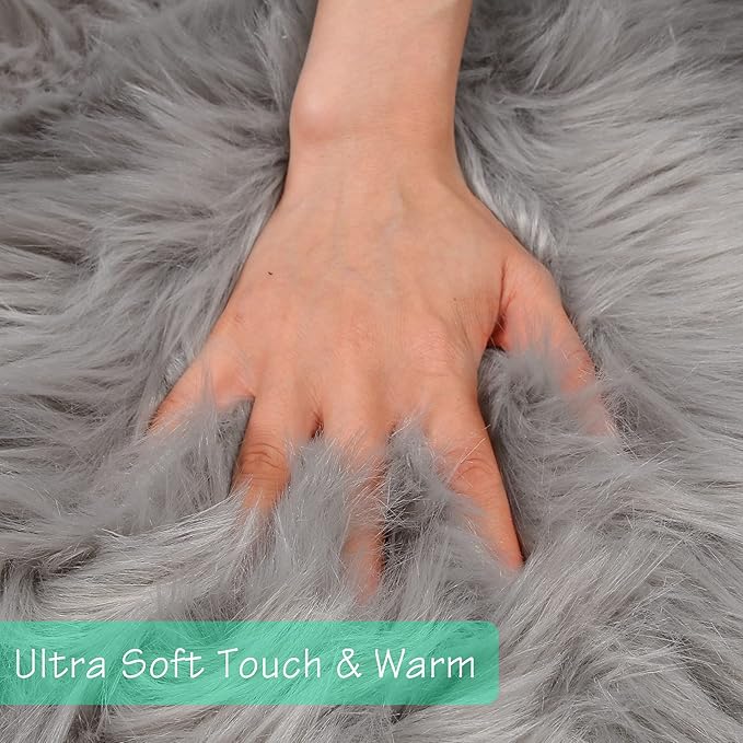 duduta Grey Faux Sheepskin Fur Rug 3x5 ft, Fluffy Shag Bedroom Dorm Nursery Playroom Carpet Rug Non Slip Washable