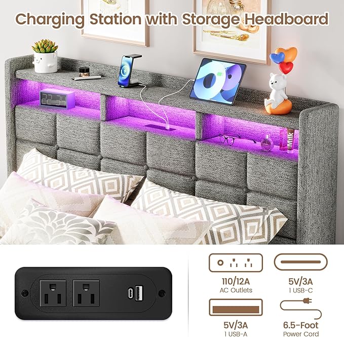 Lift Up Queen Bed Frame with Storage, Upholstered Bed Frame Queen Size with LED Lights Headboard and Charging Station, No Box Spring Needed, Easy Assembly - Light Grey