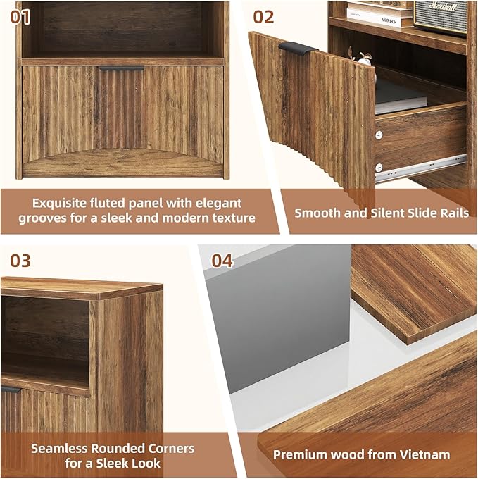 Fluted Nightstand Set of 2, MCM Mid Century Modern Bedside Tables with Drawer and Open Shelf, Minimalist Wood Bedside Table Fluted End Tables for Bedroom, Walnut