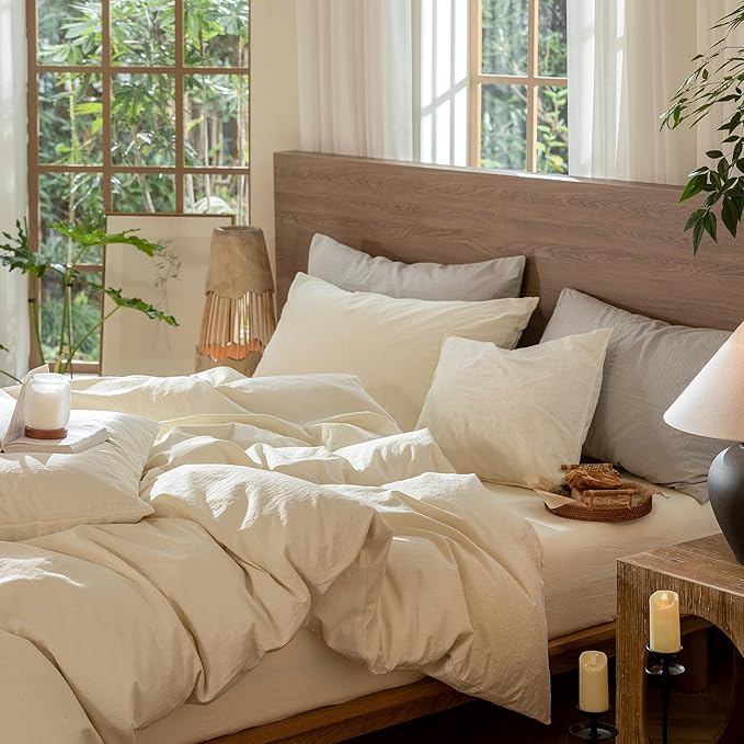 MooMee Wavy Striped Duvet Cover Set 100% Washed Cotton Linen Like Textured Breathable Durable Soft Comfy (Cream White, Full 80"x90")