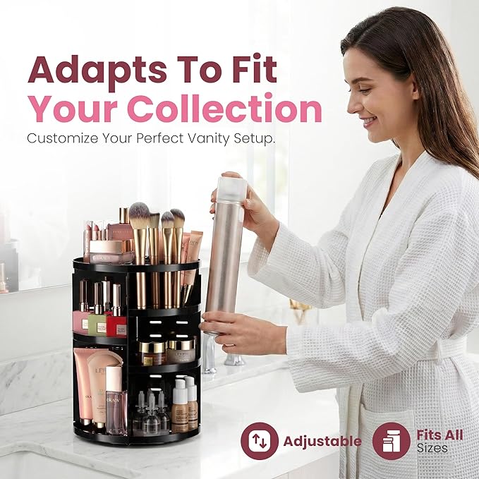 360 Rotating Makeup Organizer - Adjustable Shelf Height and Fully Rotatable. The Perfect Cosmetic Organizer for Bedroom Dresser or Vanity Countertop. (Black)