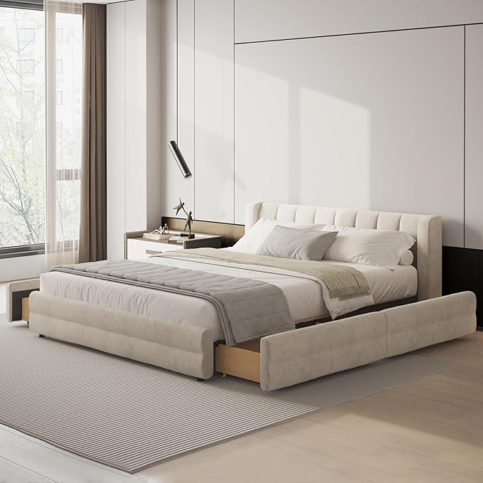 DEINPPA Queen Size Bed Frame with 4 Storage Drawers and Cloud Soft Headboard, Chenille Upholstered Grounded Wood Base Bed Frame, No Box Spring Needed-Beige