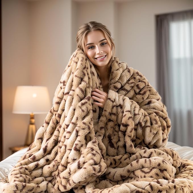 BATTILO HOME Luxury Ruched Faux Fur Throw Blanket Leopard Print, Double Side Soft Warm Rabbit Fur Blanket for Bed, Couch, Fall Throw Blanket for Home Decor, Large Cozy Mink Blanket 60"x80"