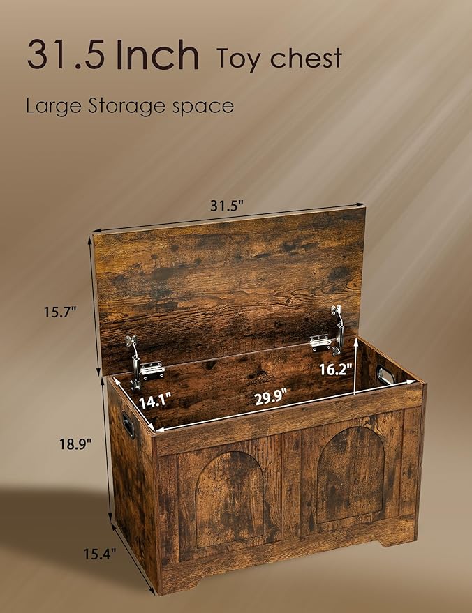 DINZI LVJ Storage Chest, 31.5”Wooden Toy Box with 2 Safety Hinges, Entryway Storage Bench with Flip-Top, Sturdy Storage Trunk for Living Room, Bedroom, Easy Assembly, Rustic Brown