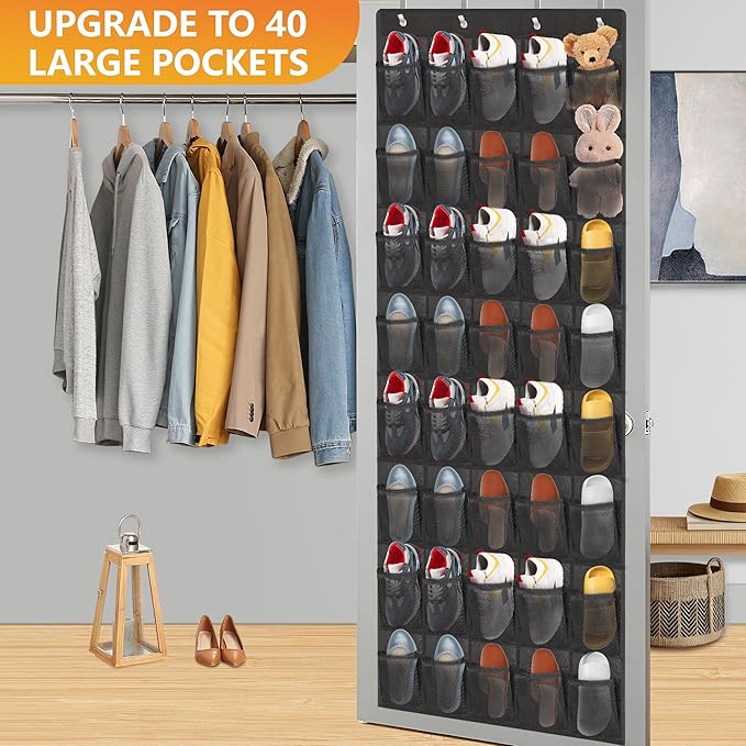Over The Door Shoe Organizer, 40 Large Mesh Pockets Hanging Shoe Rack Organizer for Closet Behind The Door Storage Holder for Entryway Bedroom Dorm Black