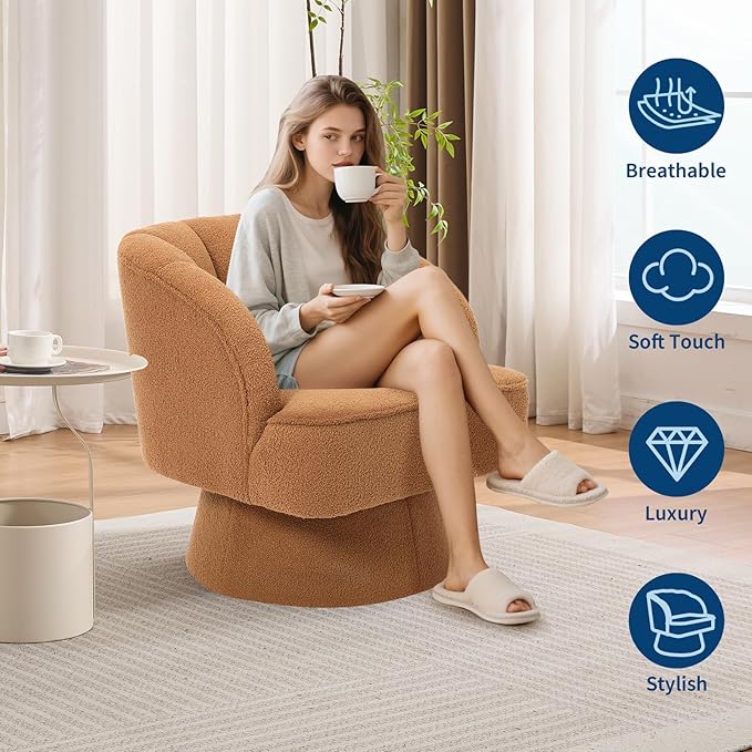 GarveeHome Modern Swivel Barrel Accent Chair, 360° Teddy Fabric Upholstered Armchair with Striped Backrest & Plush Padding, Comfy Round Lounge Chair for Living Room, Bedroom, Reading Nook, Brown 2 PCS