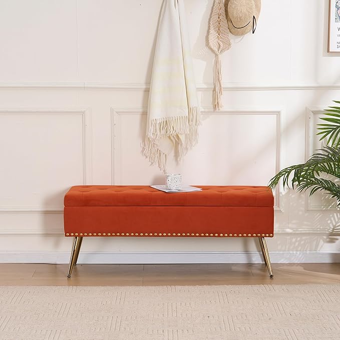Velvet Storage Bench with Gold Legs& Nailhead Trim, 46" Wide Upholstered Modern Bedroom Bench for End of Bed, Tufted Ottoman for Entryway Living Room Dining Room (Orange, 46" Wide)