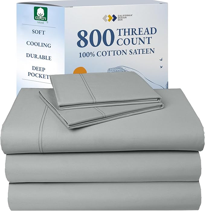 California Design Den Split King Sheets for Adjustable Bed - Buttery Soft 800 Thread Count, 100% Cotton Set, Sateen Bedding Set, Durable Twin XL Fitted Sheets - Light Grey