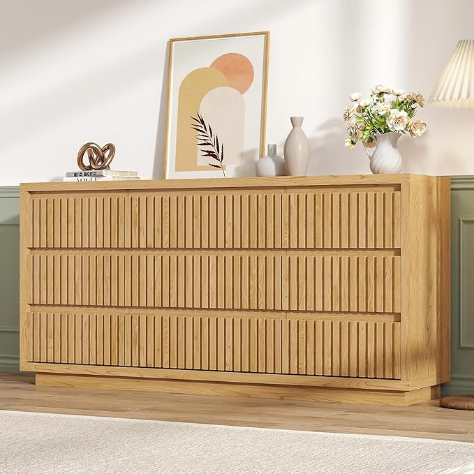 Long Dresser for Bedroom, Large Fluted Dresser with 9 Drawers, 58" Wide Modern Chest of Drawers, Wood Closet Clothes Storage Organizer, Wooden TV Stand for Living Room, Boho, Natural Oak