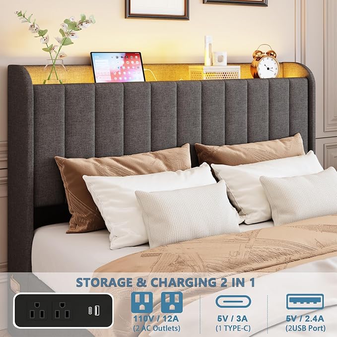 Queen Bed Frame with 4 Drawers and Storage Headboard, Upholstered Platform Bed Frame Queen Size with Led Lights and Handy Charging Station, No Box Spring Needed, Easy Assembly, Noise Free, Gray