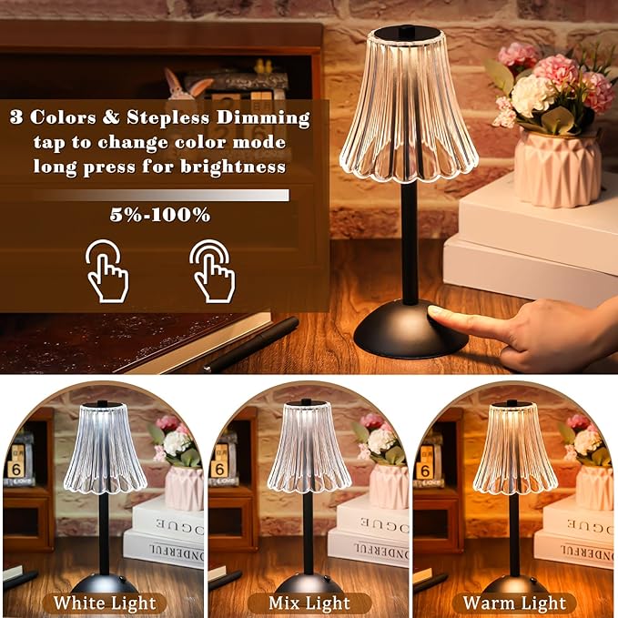 Liliful 2 Pcs Cordless Table Lamp Rechargeable Touch LED Small Gold Portable Battery Operated USB-c Desk Lamp 3 Color Dimmable for Bedroom Living Room Dining (Black,Rose Style)