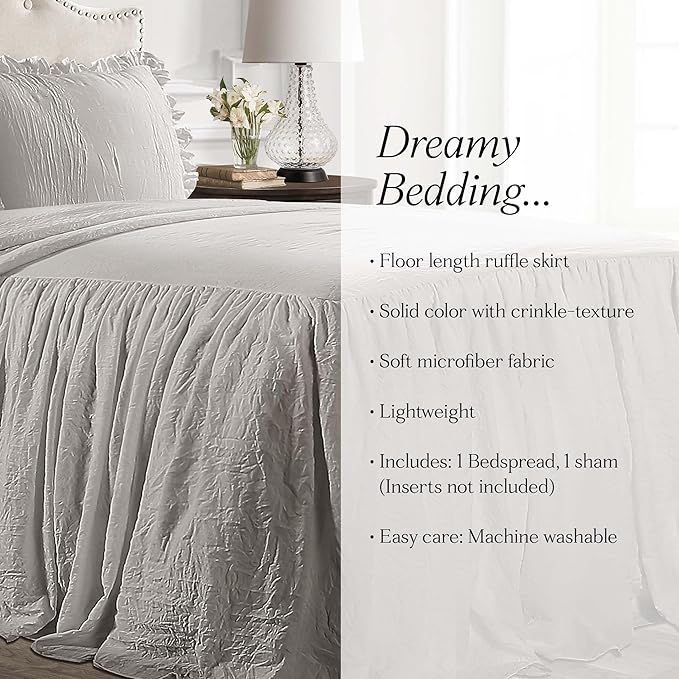 Lush Decor Ruffle Skirt Bedspread Set - 2-Piece Luxurious Farmhouse Bedding - Elegant Ruffle Detail - Timeless Style - Soft Lightweight Sheets - Twin, Grey