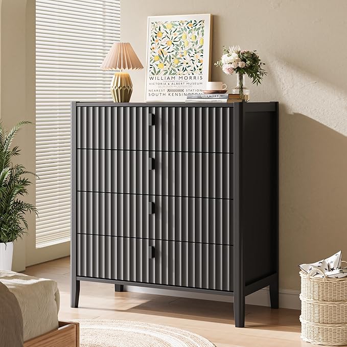 4 Drawer Dresser, Modern Chest of Drawers for Bedroom, Wood Fluted Dresser Organizer with Deep Drawers for Clothes, Nightstand for Bedroom, Hallway, Living Room, Entryway, Black