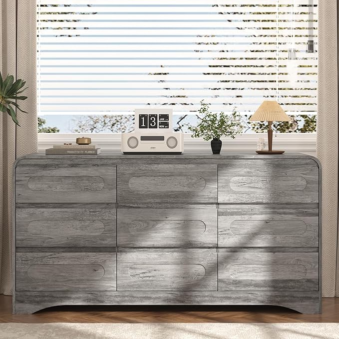 Grey Dresser for Bedroom with 9 Drawers, 63" Large Modern Dressers & Chest of Drawers with Curved Profile Design, Wood Closet Clothes Storage Long Dressers Organizer for Bedroom Living Room Hallway